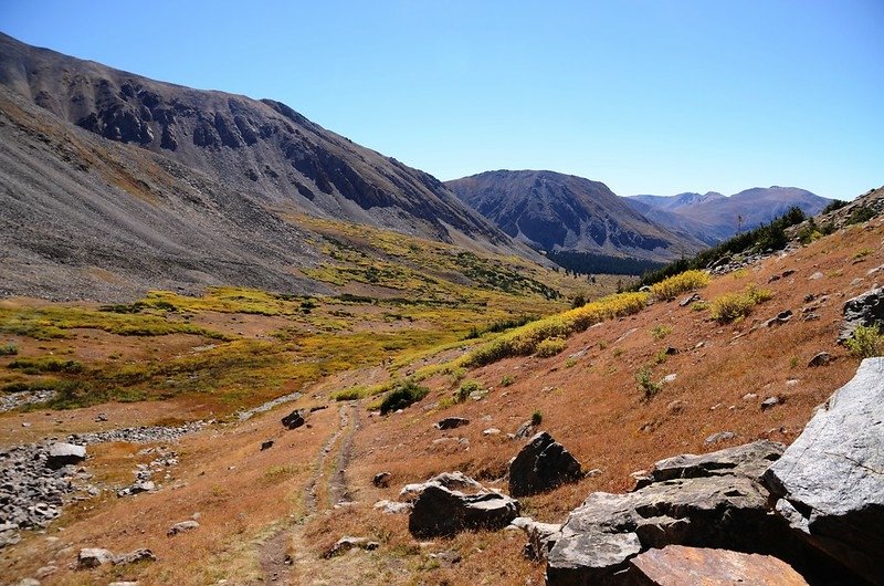 Looking back down the valley below from the trail near 11,985 ft.