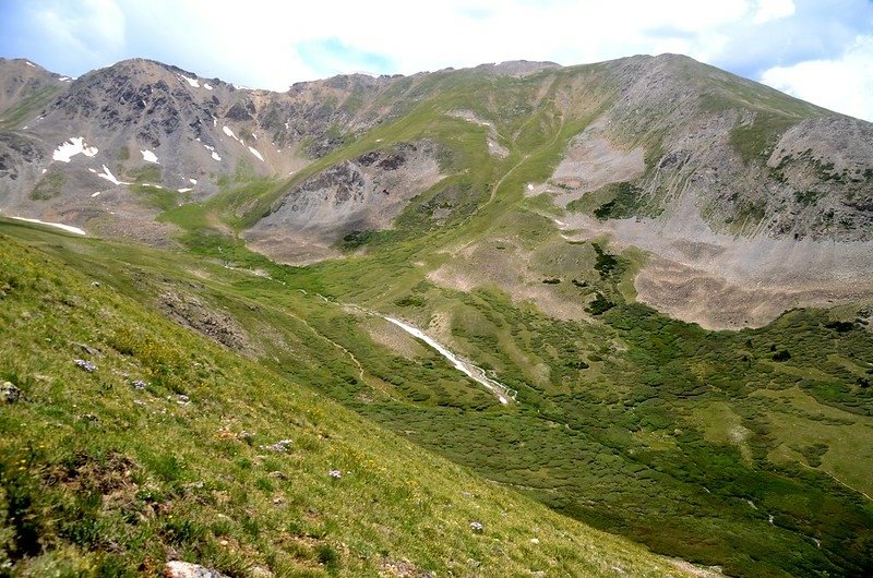 Looking down into Elkhead Pass from Belford&apos;s northwest slope