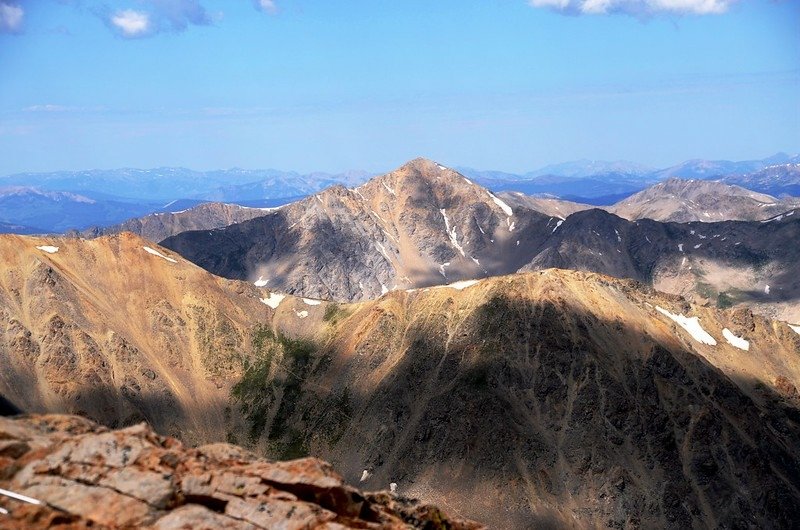 Looking west at Huron Peak from Mount Belford&apos;s summit