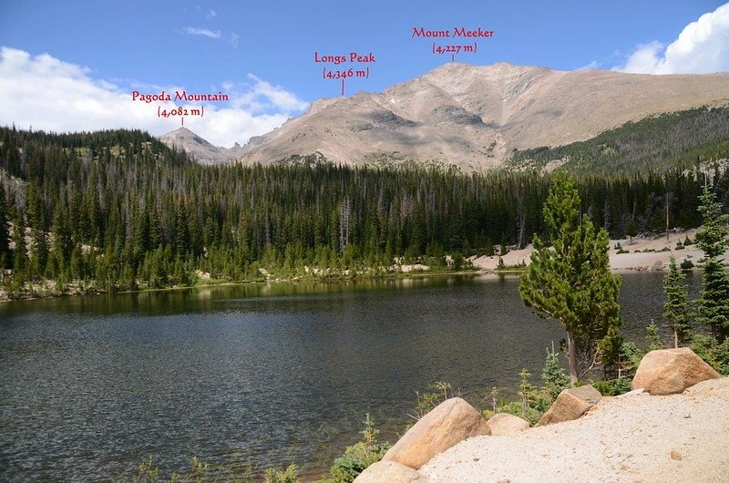 Looking northwest at Longs Peak et al. from Sandbeach Lake