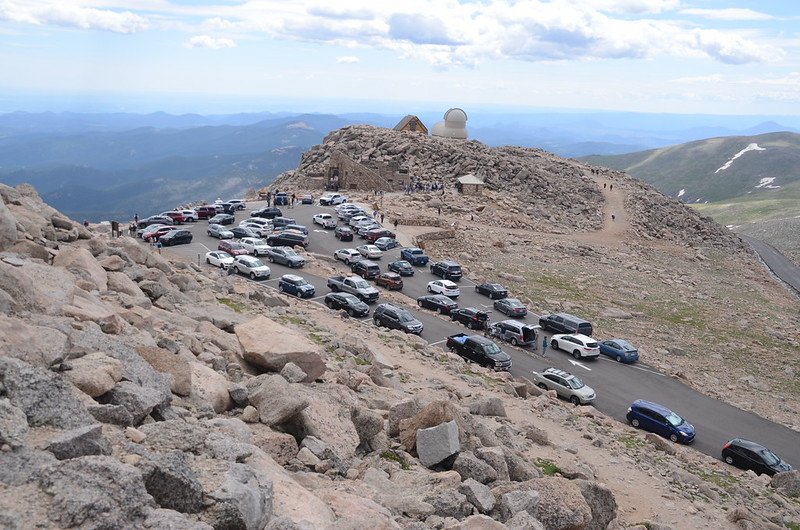 Looking down at summit parking lot from near the summit of Mount Evans (2)