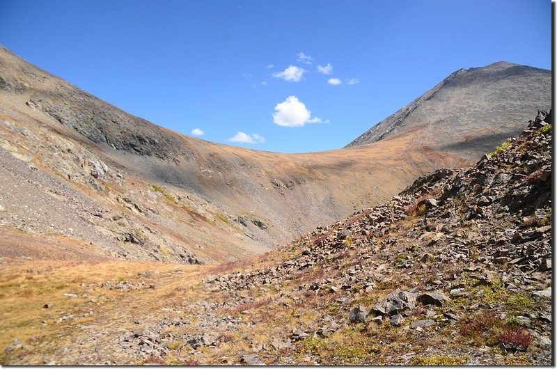 Looking northeast at saddle between Grizzly  and Torres Peaks from Chihuahua Lake