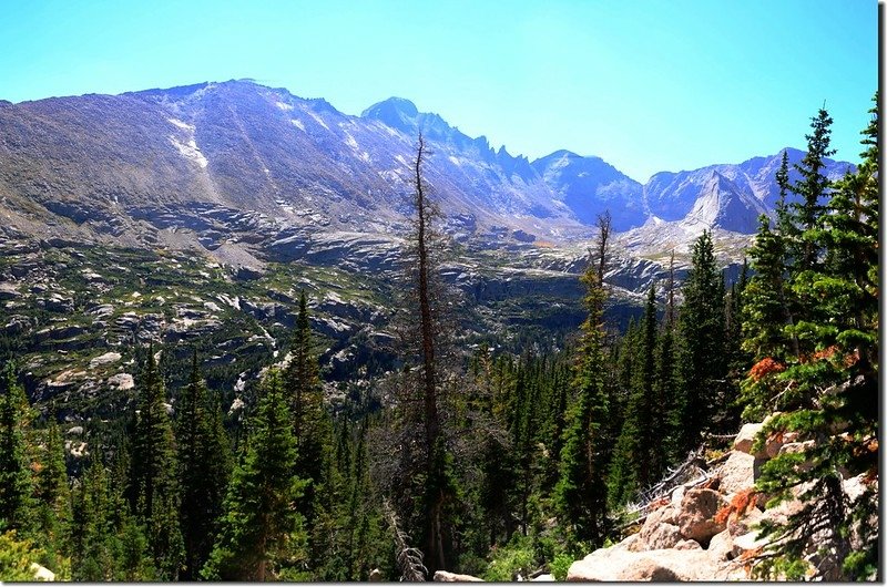 Looking southeast at Longs Peak from the trail up to Shelf Lake