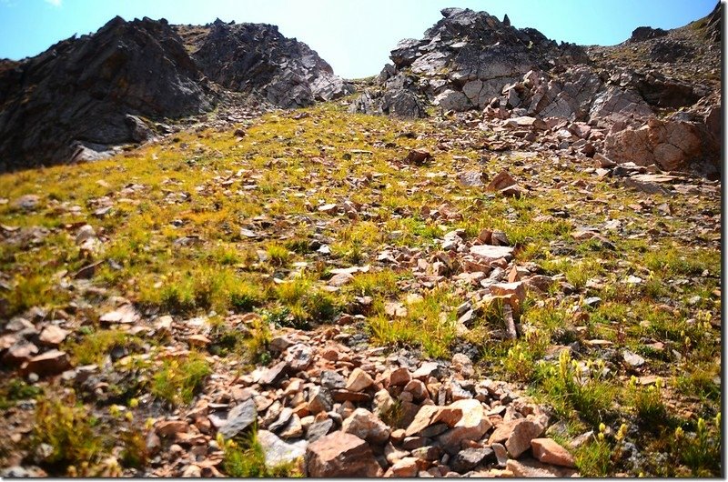 Looking up at the steep slope from South Iceberg Lake 2