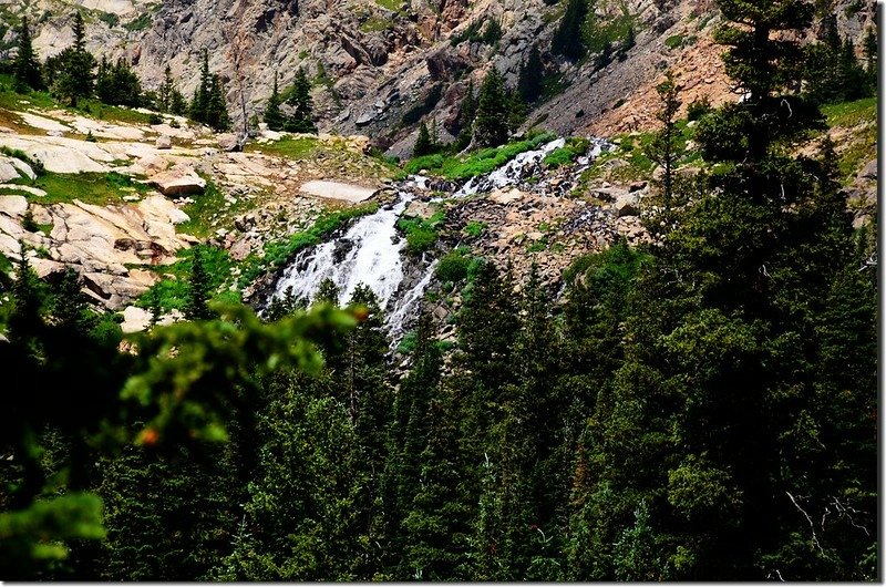 Looking west at the outlet of Lake Isabelle from the trail