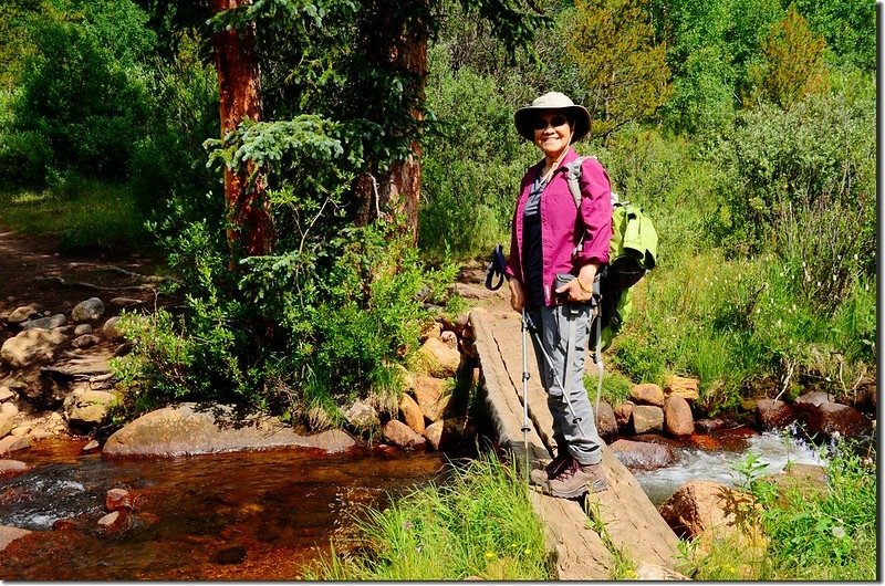 Crossing log bridge at Scott Gomer Creek 1