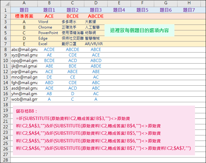 Excel-設計Google表單測驗多選題並以Excel計算分數