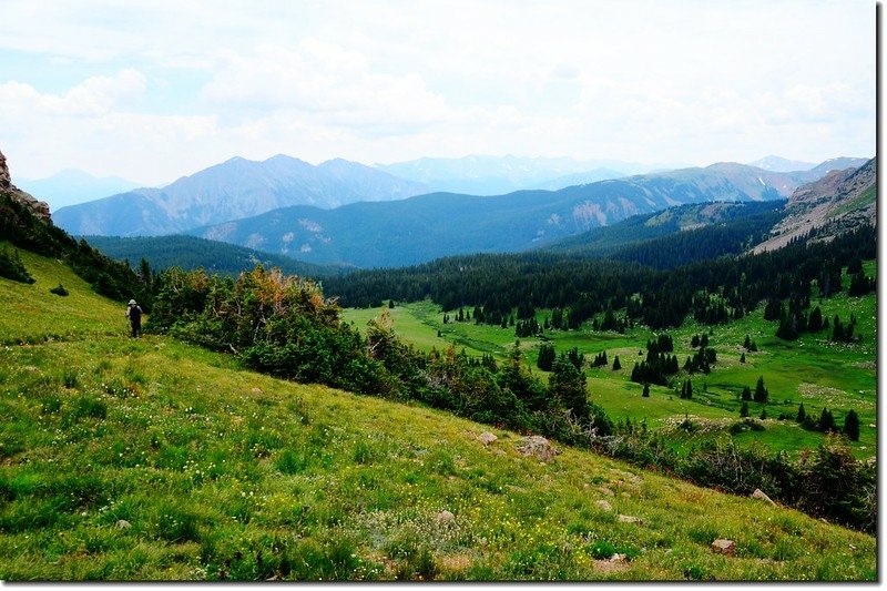 Looking down Meadow Creek Valley from Eccles Pass, Tenmile Range is in the distance