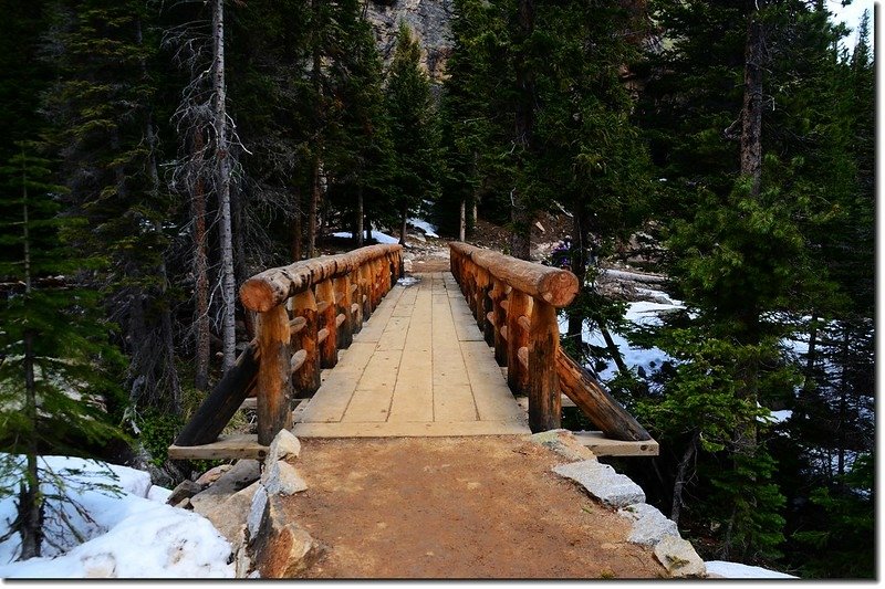 New wood bridge across the creek below Ouzel Falls