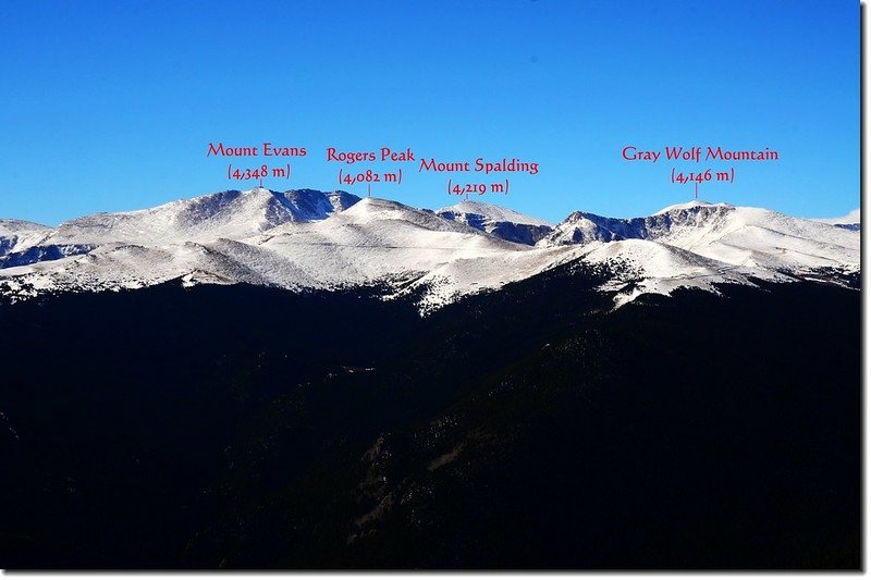 Overlooking southwest onto Mount Evans Massif from the summit of Chief Mountain 2-1