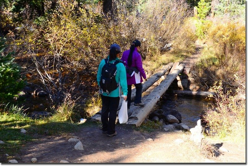 Crossing log bridge at South Willow Creek 3