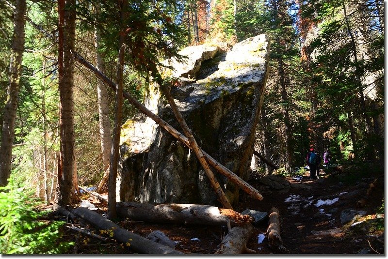 A massive 20&apos; high block of granite along the trail