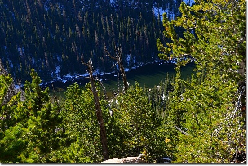 Looking down at Dream Lake from Dream Lake Overlook