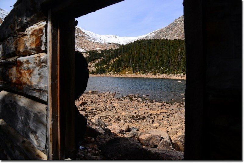 View of Chinns Lake through the old cabin ruin window 1