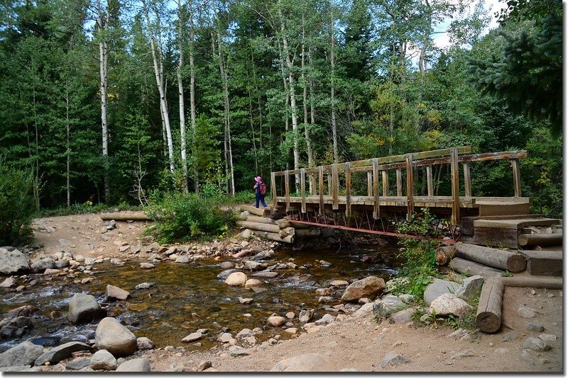 A  wooden bridge crossing the creek