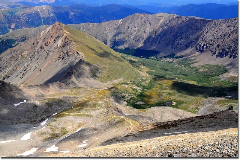 On the summit, looking down on the route and Stevens Gulch