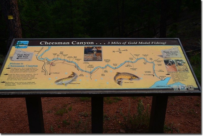 River and fishing informational sign at Cheesman Canyon Trail