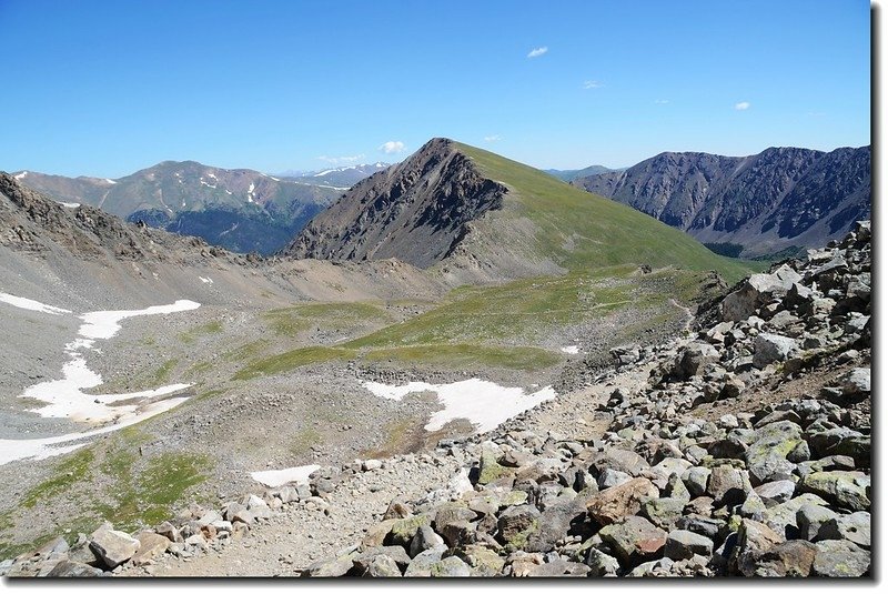 Near 12,800&apos;, looking back down on the route, with Kelso Mountain in full view