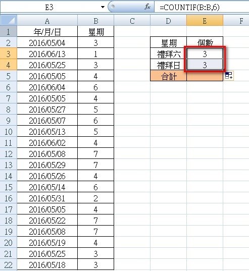 【Excel2007版-函數】判斷日期為星期幾並計算個數-W