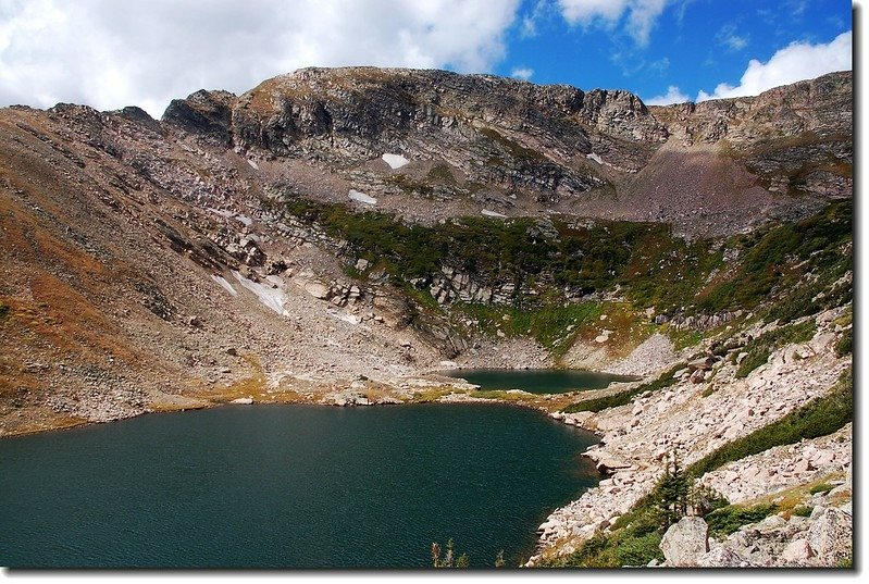 Looking down Arapaho lakes from north shore ridge