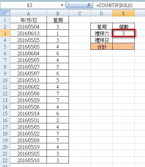 【Excel2007版-函數】判斷日期為星期幾並計算個數-W