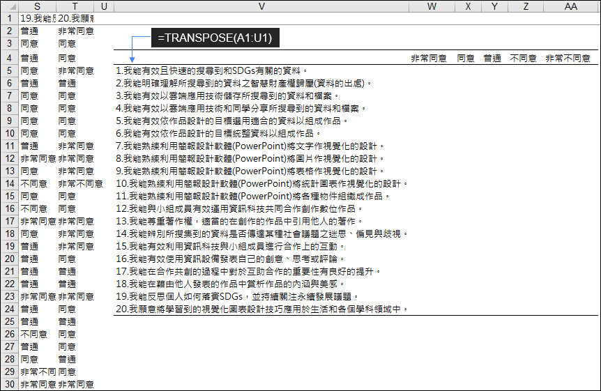 Excel-如何對Google表單五等第問卷調查統計結果