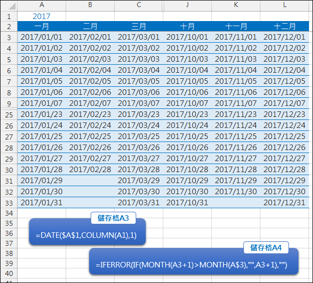 Excel-產生一年的所有日期(DATE,COLUMN,IFERROR)