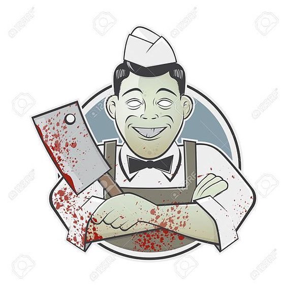 38910912-cartoon-butcher-with-bloody-cleaver-in-a-badge-Stock-Vector