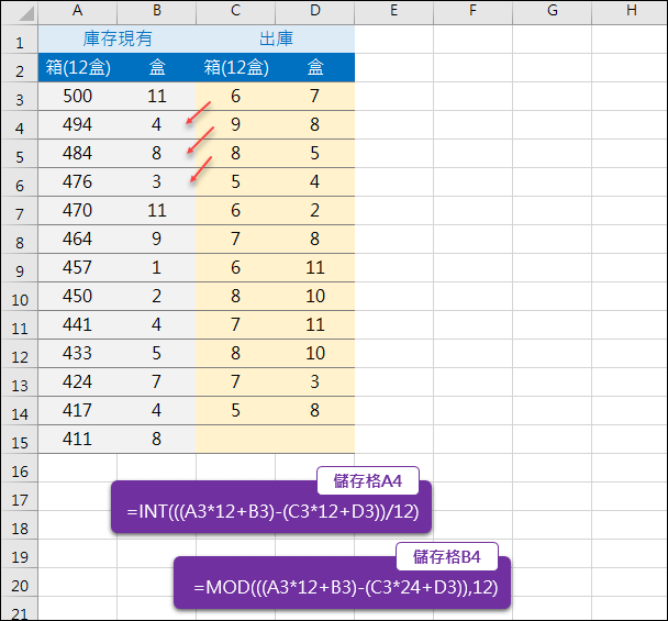 Excel-箱數和盒數的換算(INT,MOD)