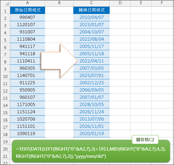 Excel-民國年格式轉換為西元年格式(RIGHT,MID,LEFT,TEXT,DATE)