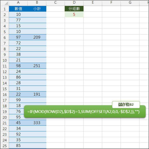 Excel-取固定數量小計(OFFSET,ROW,MOD)