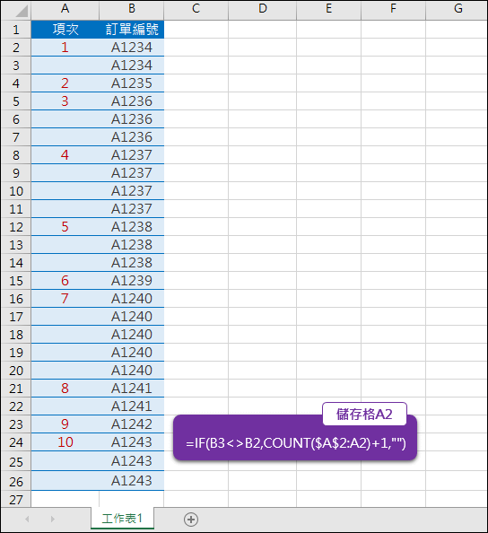 Excel-根據連續的訂單編號自動訂出項次(COUNT)