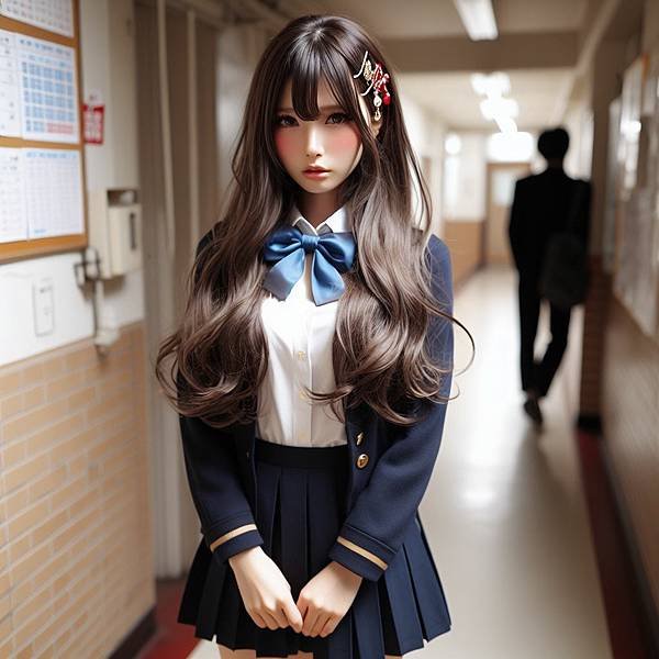 一個日系甜美漂亮美麗的，長黑髮帶金色髮色的美女，綁著遠坂凜用的髮飾，穿著深藍色制服外套與迷你裙，在昏暗的公寓走廊上哭泣。一個短黑髮男子手扶著美女的腰。真實照片等級，精緻細膩。