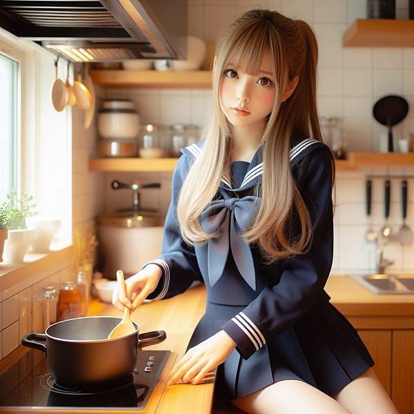 一個日系甜美漂亮美麗的，長髮淺金色髮色的女孩，頭頂綁著一個深藍色蝴蝶結髮飾，穿著深藍色制服外套與迷你裙，在昏暗的廚房裡做菜。真實照片等級，精緻細膩。7