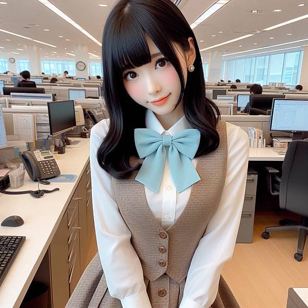生成一張以第一人稱視角為基礎的圖片。一位日系甜美 可愛 漂亮的長黑髮美女，穿著客服辦公室的白色襯衫、淡棕色的背心、胸前是水藍色的領結，黑色短窄裙、配戴小耳環，在辦公室另一頭，Looking Over Shoulder，羞澀笑容。在客服辦公室裡有數十人在工作著。真實照片等級，精緻細膩。2