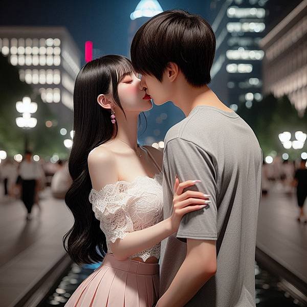 在夜晚的公園廣場，一個女子親吻短髮男子。女子是日系甜美漂亮美麗的長黑髮美女，穿著白色的無袖蕾絲洋裝、粉色短裙，白色長靴。男子只看得到後腦勺，灰黑色短袖，真實照片，精緻細膩。