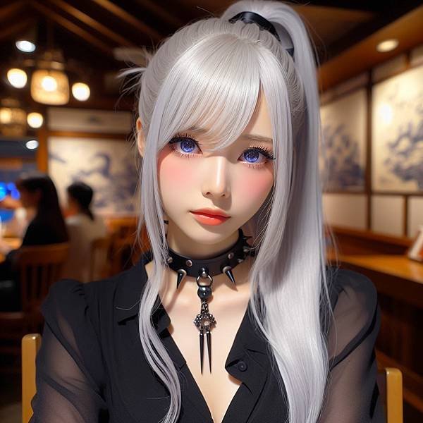 一個銀白色髮色綁雙馬尾的美麗漂亮日系女美女與一個長黑髮的漂亮美麗的日系美女。銀白色髮色的美女是深藍色的瞳孔，穿著黑色上衣，帶著黑色尖刺頸鍊，在畫面前面，身體面對觀眾，轉頭向後；長黑髮的美女是白色連身裙，在畫面後面，一臉不高興。在夜晚咖啡廳的牆角。真人全身照。8