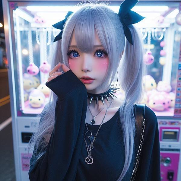 一個銀白色髮色綁雙馬尾的美麗漂亮日系女孩，深藍色的瞳孔，穿著黑色長袖上衣，帶著黑色尖刺頸鍊，在夜晚無人的夾娃娃機店前，單手給了個飛吻。真人照。2