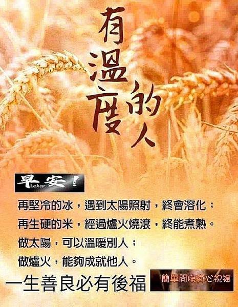 早安！有溫度的人在堅冷的冰，遇到太陽照射，終會融化；在生硬的