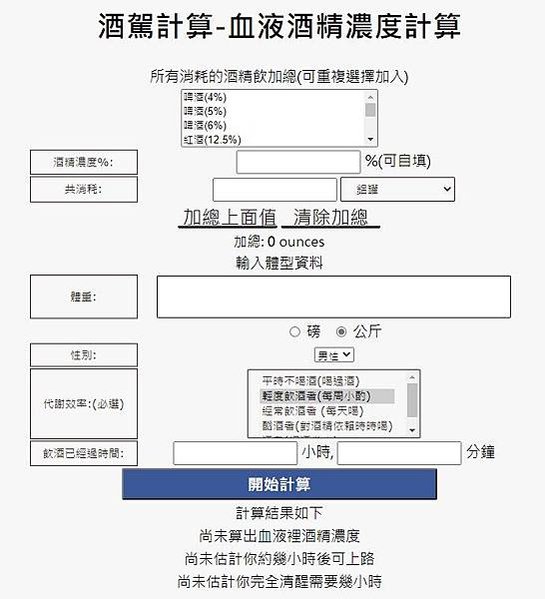 酒駕計算-血液酒精濃度計算機/血液裡的酒精濃度只要達到 0.