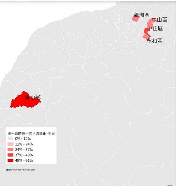 內政部依手機訊號統計特定區域旅次，台北車站所在，平日晚上達1