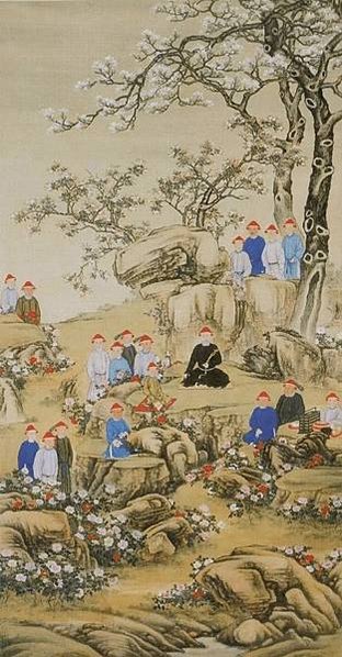 1722 年「雍正帝牡丹台觀花行樂圖」，描繪雍正帝在侍者簇擁