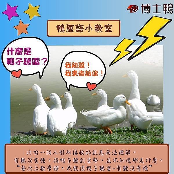 鴨子聽雷/鴨子避雨/鴨仔聽雷指鴨子聽到雷聲，並不知道是怎麼回