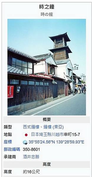 時之鐘 (川越市)1654年鐘樓本體為三層之塔狀建築結構，高