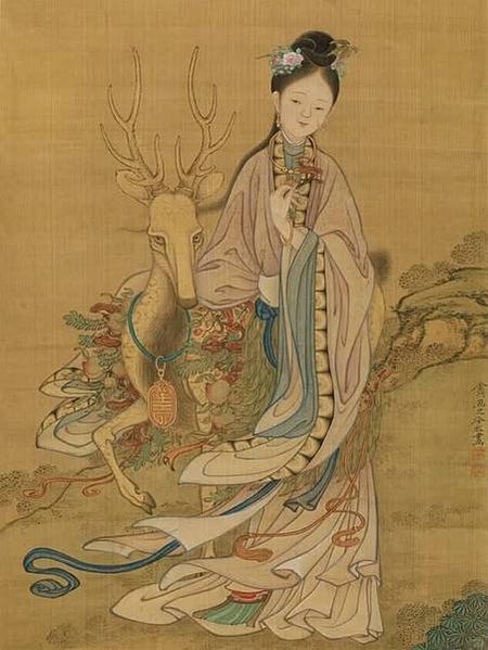 冷枚/《美人獻壽圖》中，入山採集壽品歸來的麻姑居於畫面中心。