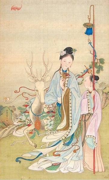 冷枚/《美人獻壽圖》中，入山採集壽品歸來的麻姑居於畫面中心。