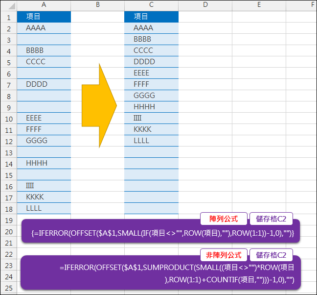 Excel-列出非空白項目的清單(陣列公式和非陣列公式)(SUMPRODUCT,OFFSET)