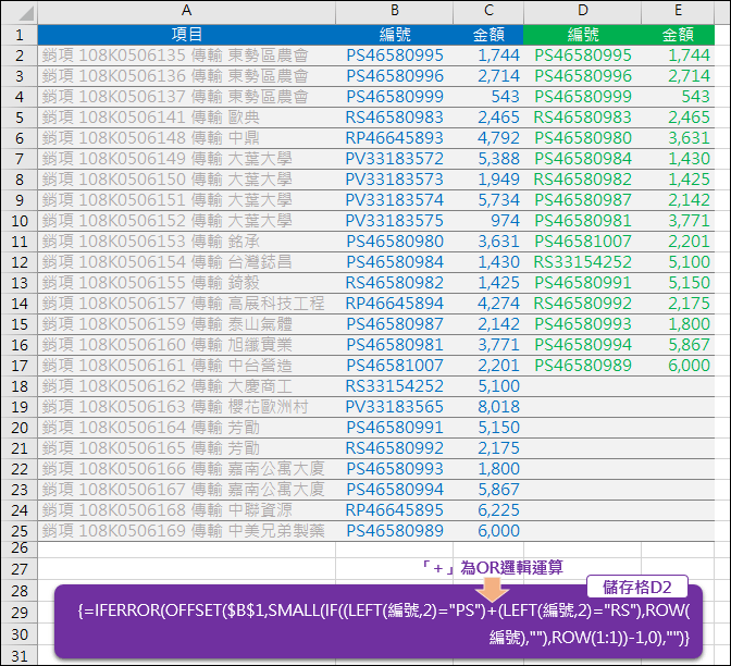 Excel-取出清單中符合多個條件的項目(OFFSET,SMALL,ROW)