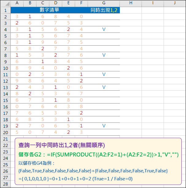 Excel-查詢一列儲存格中同時出現2個以上數字者(無關順序)