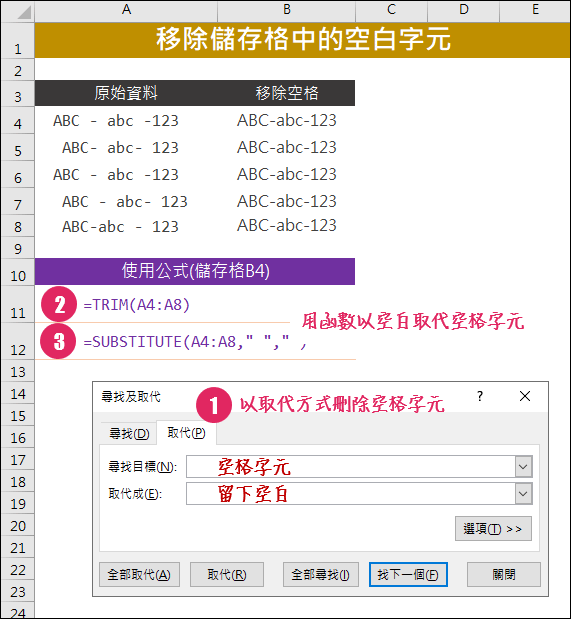 Excel-移除儲存格中的空白字元